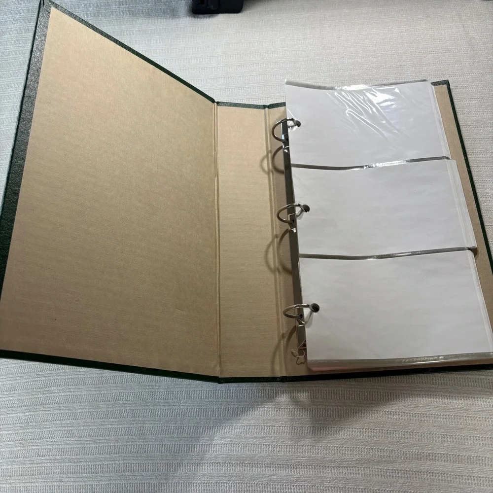 Vintage Green Faux Leather 3 Ring Binder Photo Album Gold Trim 4x6 Sleeves